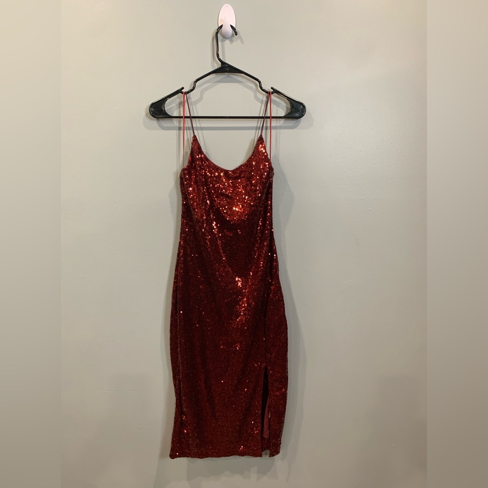 Revamped Red Sequin Slip Dress Cowl Neck Sleeveless
